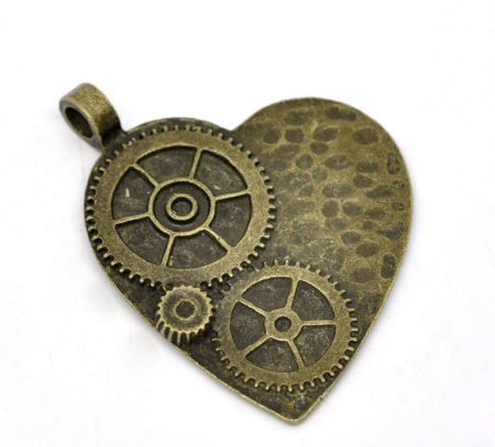 Bild von Zinklegierung Steampunk Anhänger Herz Antikbronze Zahnrad Geschnitzt 5x3.8cm, 5 Stücke