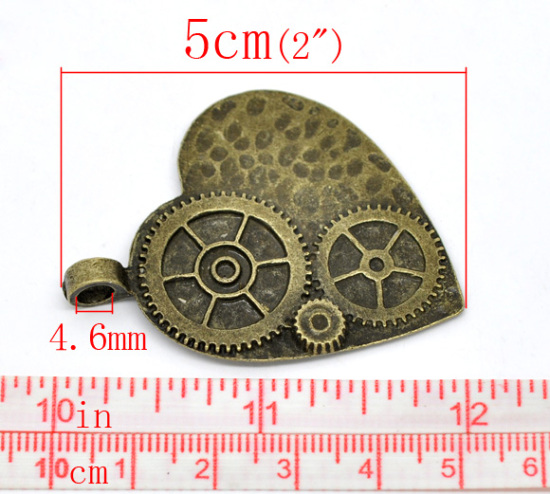 Picture of Zinc Based Alloy Steampunk Pendants Heart Antique Bronze Gear Carved 5cm(2") x 3.8cm(1 4/8"), 5 PCs