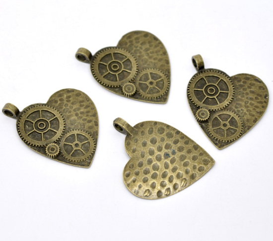 Picture of Zinc Based Alloy Steampunk Pendants Heart Antique Bronze Gear Carved 5cm(2") x 3.8cm(1 4/8"), 5 PCs