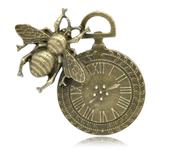 Bild von Zinklegierung Steampunk Anhänger Antikbronze Biene Uhr 4.2x4.2cm, 5 Stücke