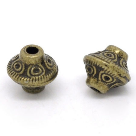 Цинковый Сплав Прокладка Бусины Биконусы Покрытия Античная Бронза Узор Резные Цвет Покрытия Около 6мм x 6мм, Отверстие:примерно 1.6мм, 20 ШТ