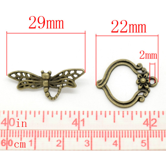 Bild von Zinklegierung Knebelverschluss Libellen Bronzefarbe 29mm x 11mm 22mm x 19mm 30 Sets