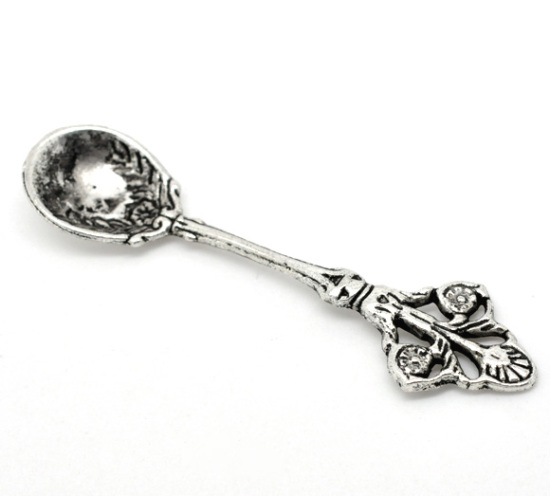 Picture of Zinc Metal Alloy 3D Pendants Spoon Tableware Antique Silver Color Leaf Carved Hollow 6cm x1.5cm(2 3/8" x 5/8"), 20 PCs