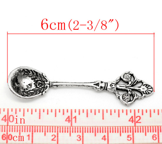 Picture of Zinc Metal Alloy 3D Pendants Spoon Tableware Antique Silver Color Leaf Carved Hollow 6cm x1.5cm(2 3/8" x 5/8"), 20 PCs