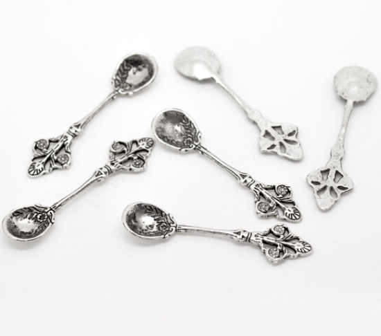 Picture of Zinc Metal Alloy 3D Pendants Spoon Tableware Antique Silver Color Leaf Carved Hollow 6cm x1.5cm(2 3/8" x 5/8"), 20 PCs