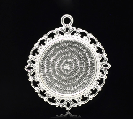 Zinc Based Alloy Cabochon Setting Pendants Round Disc Silver Plated (Fits 25.3mm Dia) 4.4cm x 4cm, 5 PCs