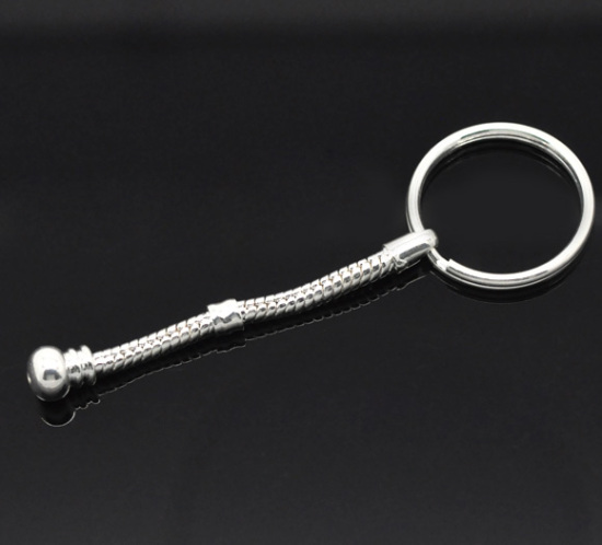 Picture of Zinc Based Alloy European Style Keychain & Keyring Round Silver Plated 7.2cm-6.5cm, 5 Sets