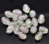 Picture of Lampwork Glass Loose Beads Barrel Light Pink Flower Pattern About 14mm x 10mm, Hole: Approx 1.6mm, 30 PCs