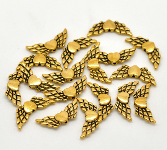 Picture of Zinc Based Alloy Spacer Beads Heart Angel Wing Gold Tone Antique Gold About 22mm x 9mm, Hole:Approx 1mm, 50 PCs