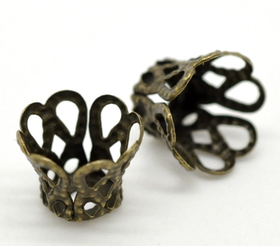 Picture of Iron Based Alloy Filigree Beads Caps Cup Flower Antique Bronze (Fits 8mm-9mm Beads) 9mm x 7mm, 260 PCs