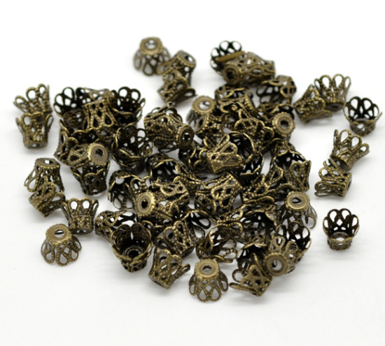 Picture of Iron Based Alloy Filigree Beads Caps Cup Flower Antique Bronze (Fits 8mm-9mm Beads) 9mm x 7mm, 260 PCs