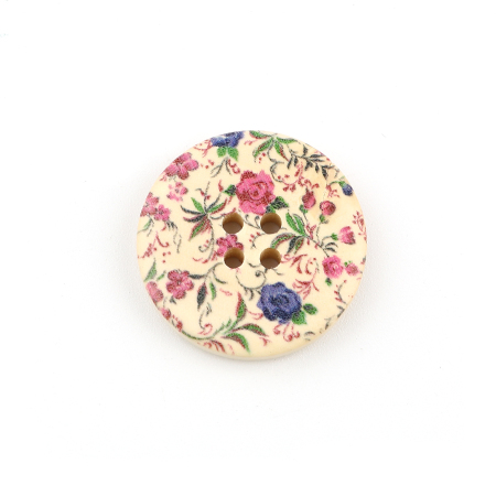 Natural Wood Sewing Buttons Scrapbooking 4 Holes Round Multicolor Flower Pattern 3cm(1 1/8") Dia, 30 PCs
