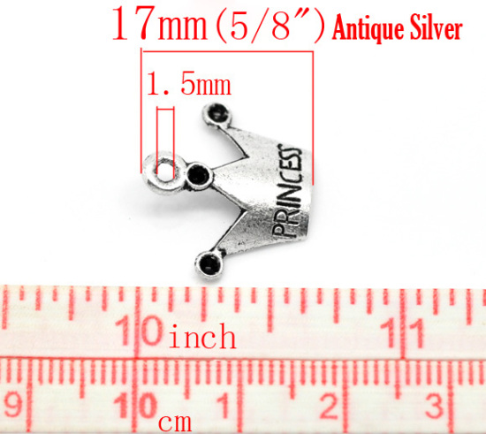 Picture of Zinc Based Alloy Charms Crown Antique Silver Color (Can Hold ss7 Rhinestone) Message " PRINCESS " Carved 19mm( 6/8") x 17mm( 5/8"), 100 PCs