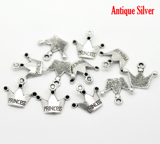 Picture of Zinc Based Alloy Charms Crown Antique Silver Color (Can Hold ss7 Rhinestone) Message " PRINCESS " Carved 19mm( 6/8") x 17mm( 5/8"), 100 PCs