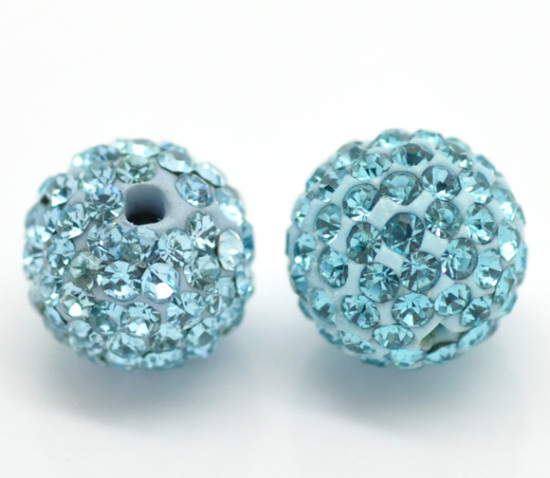 Picture of Polymer Clay & Rhinestone Beads Ball Blue Rhinestone About 10mm Dia, Hole: Approx 1.3mm, 2 PCs