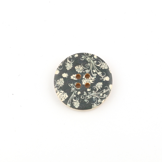 Picture of Natural Wood Sewing Buttons Scrapbooking 4 Holes Round Black Flower Pattern 3cm(1 1/8") Dia, 30 PCs