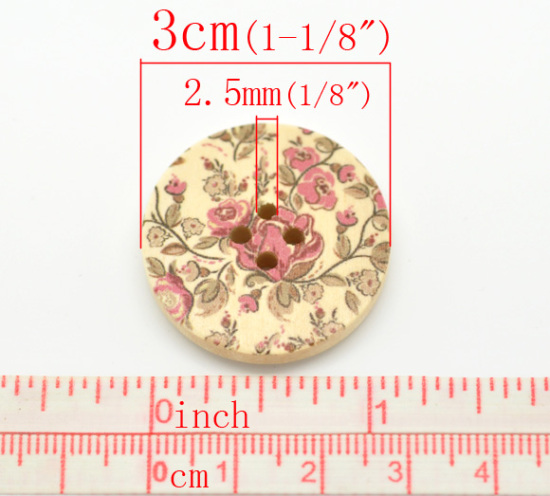 Picture of Wood Sewing Buttons Scrapbooking 4 Holes Round Multicolor Flower Pattern 3cm(1 1/8") Dia, 30 PCs