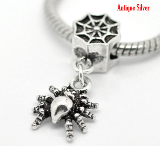 Image de Pendentifs Perle Dangle à Gros Trou au Style Européen en Alliage de Zinc Halloween Araignée Argent Vieilli 31mm x 13mm, 20 Pcs