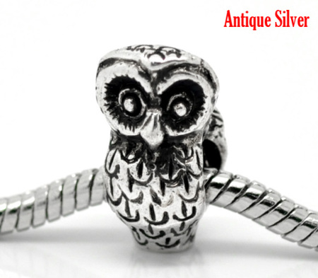 Image de Perles à Gros Trou au Style Européen en Alliage de Zinc Hibou Argent Antique Plaqué 18mm x 10mm, Tailles de Trous: 4.7mm, 10 Pcs
