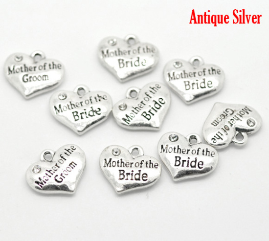 Picture of Zinc Based Alloy Charms Heart Antique Silver Color Message " Mother of the Bride " Carved Clear Rhinestone 16mm( 5/8") x 14mm( 4/8"), 20 PCs