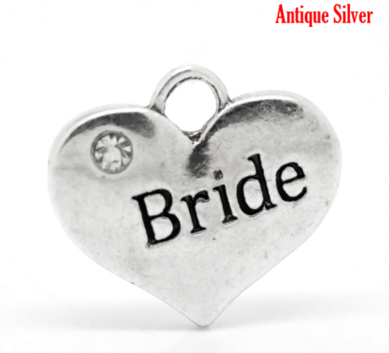 Picture of Zinc Based Alloy Charms Heart Antique Silver Color Message " Bride " Carved Clear Rhinestone 16mm( 5/8") x 14mm( 4/8"), 20 PCs