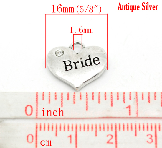 Picture of Zinc Based Alloy Charms Heart Antique Silver Color Message " Bride " Carved Clear Rhinestone 16mm( 5/8") x 14mm( 4/8"), 20 PCs