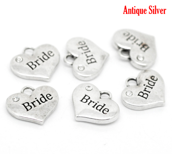 Picture of Zinc Based Alloy Charms Heart Antique Silver Color Message " Bride " Carved Clear Rhinestone 16mm( 5/8") x 14mm( 4/8"), 20 PCs