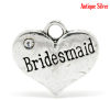 Image de Pendentifs en Alliage de Zinc Cœur Argent Vieilli Gravé Caractère Gravé Mots " Bridesmaid " avec Strass Blanc A Strass 16mm x 14mm, 20 Pcs