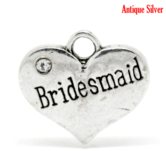 Picture of Zinc Based Alloy Charms Heart Antique Silver Color Message " Bridesmaid " Carved Clear Rhinestone 16mm( 5/8") x 14mm( 4/8"), 20 PCs