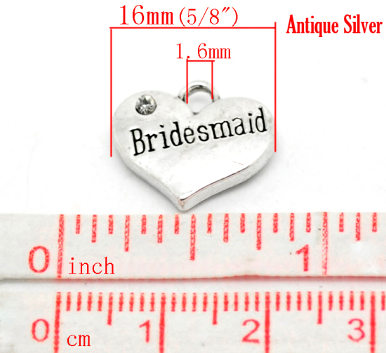 Picture of Zinc Based Alloy Charms Heart Antique Silver Color Message " Bridesmaid " Carved Clear Rhinestone 16mm( 5/8") x 14mm( 4/8"), 20 PCs