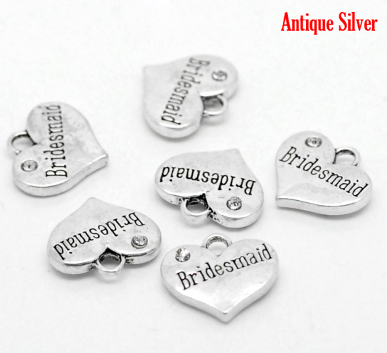 Picture of Zinc Based Alloy Charms Heart Antique Silver Color Message " Bridesmaid " Carved Clear Rhinestone 16mm( 5/8") x 14mm( 4/8"), 20 PCs