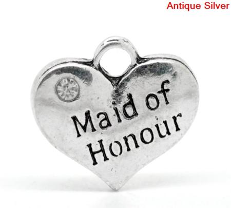 Immagine di Lega di Zinco Charm Ciondoli Cuore Argento Antico Lettere Disegno Messaggio Maid of Honour Intagliato Bianco Strass 16.0mm x 14.0mm, 20 Pz