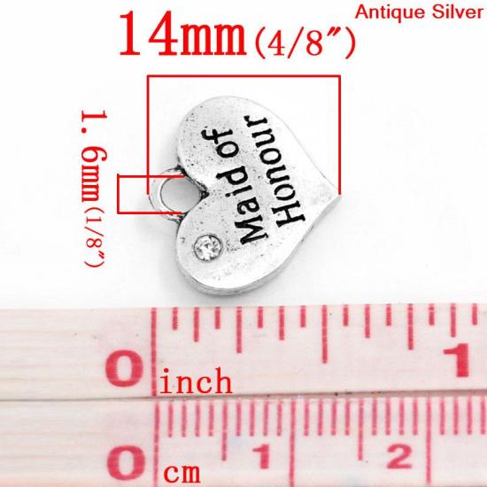 Bild von Zinklegierung Charm Anhänger Herz Antiksilber Message " Maid of Honour " mit Weiß Strass 16mm x 14mm, 20 Stück