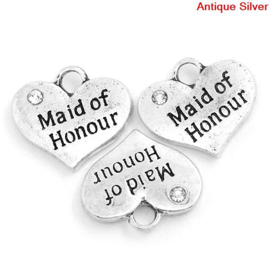 Bild von Zinklegierung Charm Anhänger Herz Antiksilber Message " Maid of Honour " mit Weiß Strass 16mm x 14mm, 20 Stück