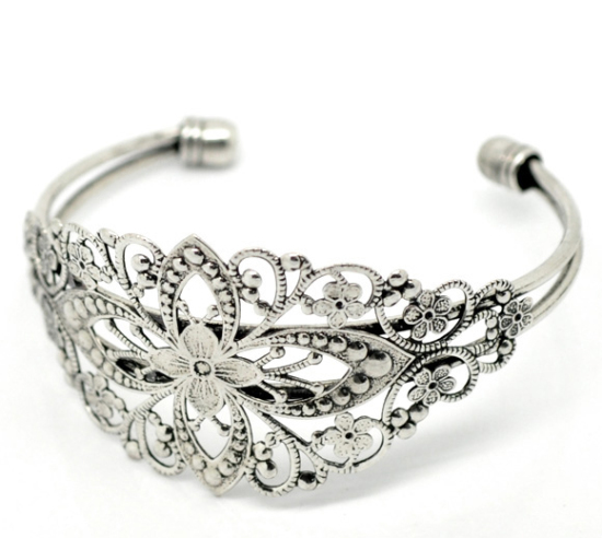 Picture of Brass Bangles Bracelets Flower Antique Silver Color 16.5cm(6 4/8") long, 1 Piece                                                                                                                                                                              