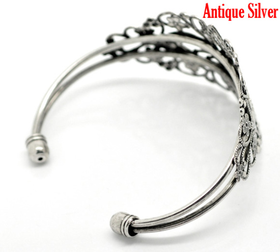 Picture of Brass Bangles Bracelets Flower Antique Silver Color 16.5cm(6 4/8") long, 1 Piece                                                                                                                                                                              