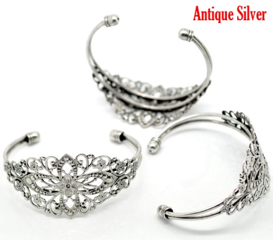 Picture of Brass Bangles Bracelets Flower Antique Silver Color 16.5cm(6 4/8") long, 1 Piece                                                                                                                                                                              