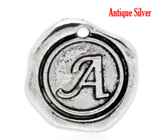 Bild von Zinklegierung Wachssiegel Charms Rund Anfangsbuchstaben "A" Antik Silber 18x18mm 30 Stück