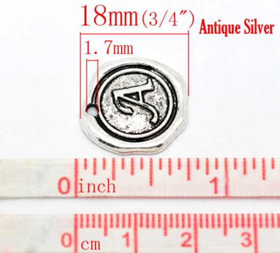Bild von Zinklegierung Wachssiegel Charms Rund Anfangsbuchstaben "A" Antik Silber 18x18mm 30 Stück