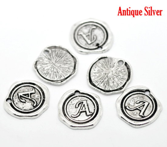 Bild von Zinklegierung Wachssiegel Charms Rund Anfangsbuchstaben "A" Antik Silber 18x18mm 30 Stück