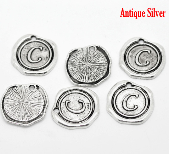 Bild von Zinklegierung Wachssiegel Charms Rund Anfangsbuchstaben "C" Antik Silber 18x18mm 30 Stück