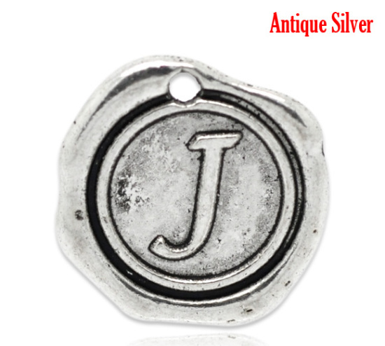 Bild von Zinklegierung Wachssiegel Charms Rund Anfangsbuchstaben "J" Antik Silber 18x18mm 30 Stück