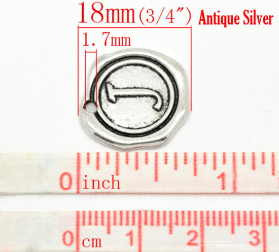 Bild von Zinklegierung Wachssiegel Charms Rund Anfangsbuchstaben "J" Antik Silber 18x18mm 30 Stück