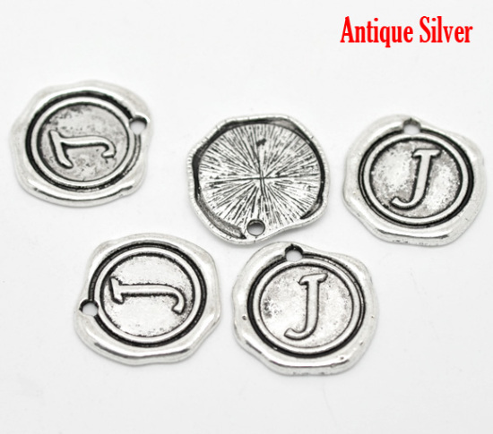 Bild von Zinklegierung Wachssiegel Charms Rund Anfangsbuchstaben "J" Antik Silber 18x18mm 30 Stück