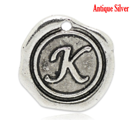Bild von Zinklegierung Wachssiegel Charms Rund Anfangsbuchstaben "K" Antik Silber 18x18mm 30 Stück