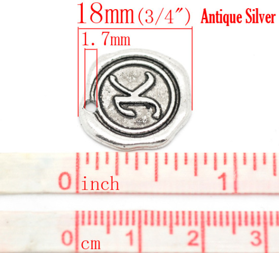 Bild von Zinklegierung Wachssiegel Charms Rund Anfangsbuchstaben "K" Antik Silber 18x18mm 30 Stück