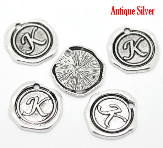 Bild von Zinklegierung Wachssiegel Charms Rund Anfangsbuchstaben "K" Antik Silber 18x18mm 30 Stück