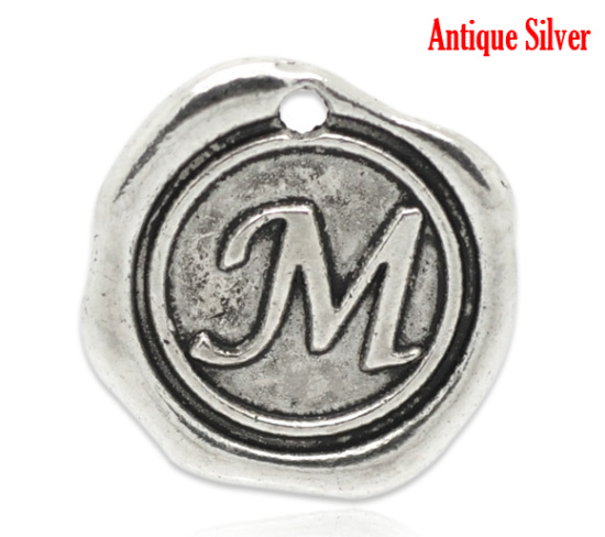 Bild von Zinklegierung Wachssiegel Charms Rund Anfangsbuchstaben "M" Antik Silber 18mm x 18mm 30 Stück