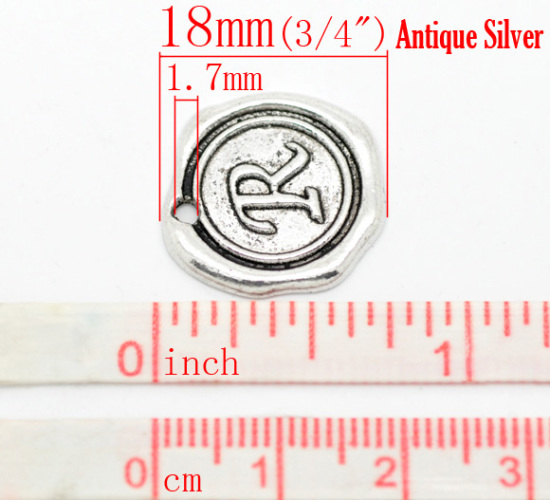 Bild von Zinklegierung Wachssiegel Charms Rund Anfangsbuchstaben "R" Antik Silber 18mm x 18mm 30 Stück
