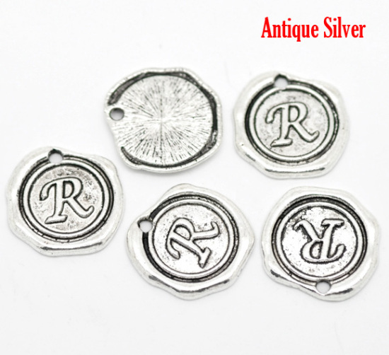 Bild von Zinklegierung Wachssiegel Charms Rund Anfangsbuchstaben "R" Antik Silber 18mm x 18mm 30 Stück